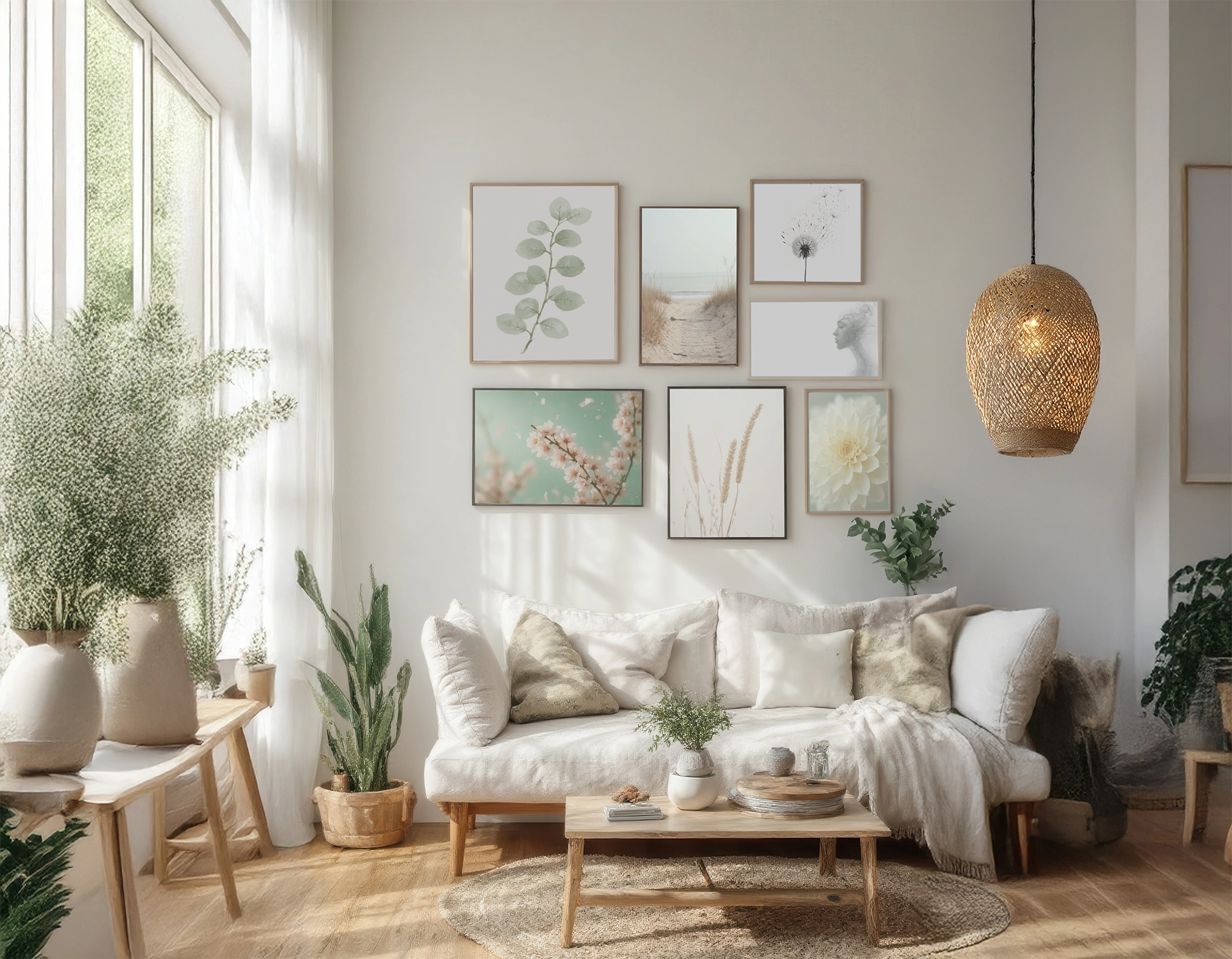 Acogedor salón decorado con láminas artísticas minimalistas en tonos suaves, rodeado de plantas naturales, muebles de madera clara y una lámpara colgante de mimbre que aporta calidez al espacio